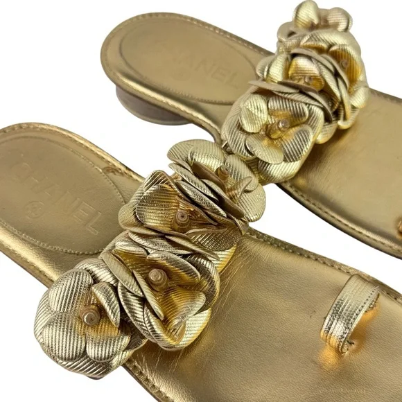 CHANEL Gold Leather Camellia Flower Toe Ring Sandals Made in Italy 36C - 6US - Picture 8 of 14